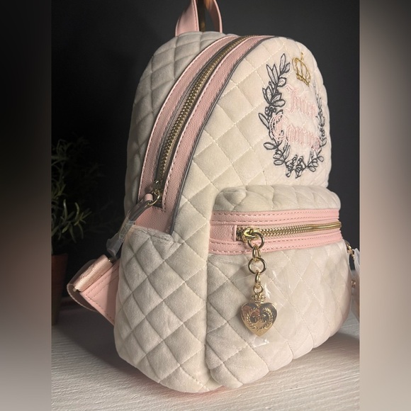 Juicy Couture Royal Moment Quilted Velour Medium Backpack w Pink Heart Charm NWT - Picture 6 of 7